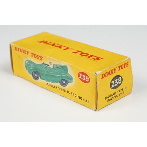 203 - Three boxed Dinky diecast racing cars to include 238 Jaguar Type D Racing Car in turquoise with blue... 