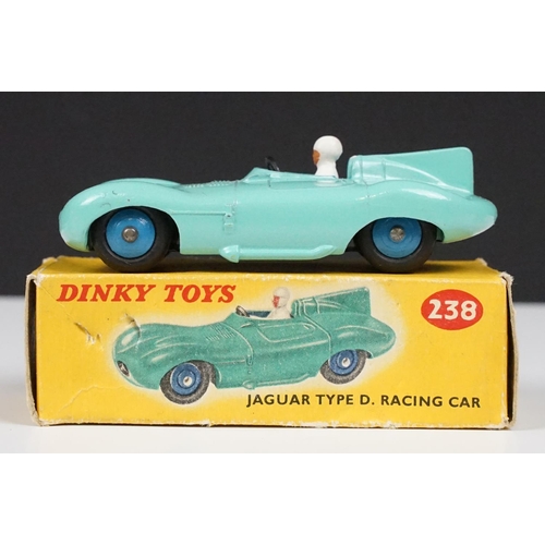 203 - Three boxed Dinky diecast racing cars to include 238 Jaguar Type D Racing Car in turquoise with blue... 