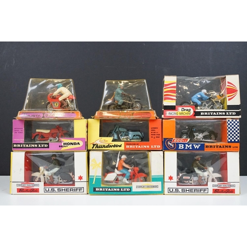 237 - Nine boxed Britains model motorcycles to include 2 x US Sheriff 9692, Harley Davidson 9689, BMW 9694... 