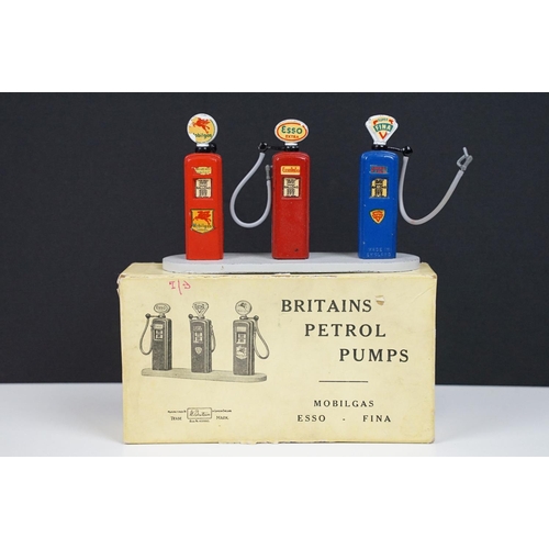 242 - Boxed Britains 102V Petrol Pumps diecast model set, complete with 3 x pumps (ESSO, Fina & Mobilegas)... 