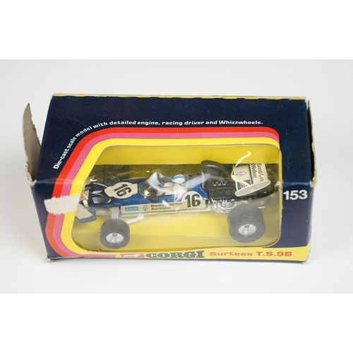 177 - Eight boxed Corgi diecast model racing cars to include 152 Ferrari 312 B2 F1, 150 Team Surtees TS9, ... 