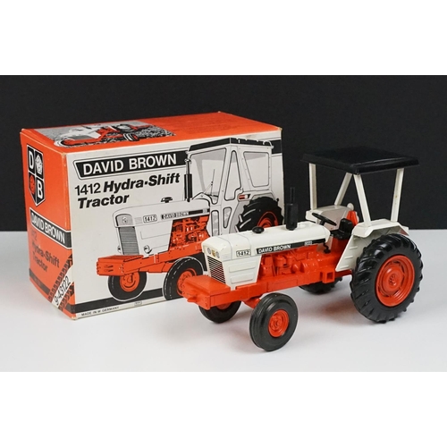 244 - Boxed NZG David Brown 1412 Hydra-Shift Tractor diecast model, in white and orange finish, diecast vg... 