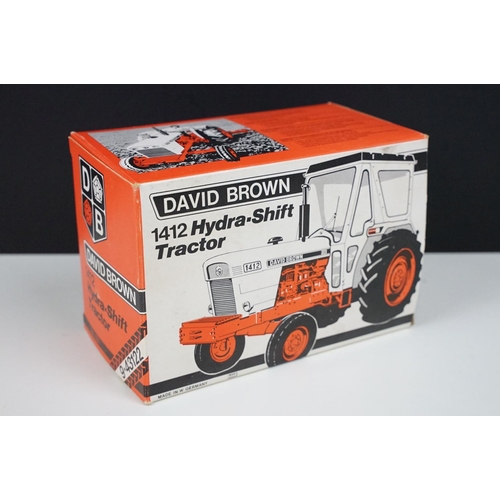 244 - Boxed NZG David Brown 1412 Hydra-Shift Tractor diecast model, in white and orange finish, diecast vg... 