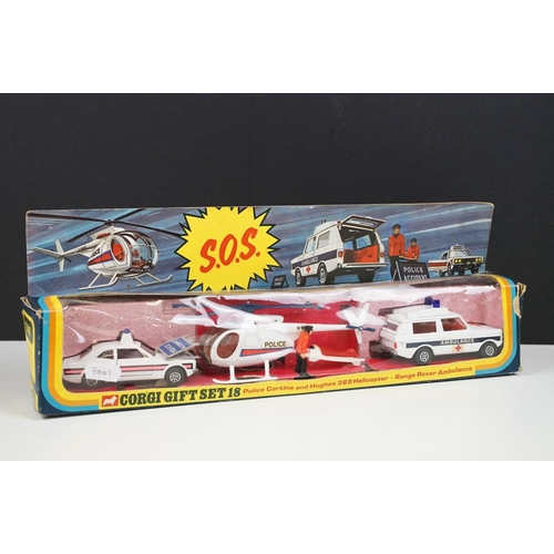 247 - Boxed Corgi GS18 Emergency Services Gift Set complete with Police Cortina and Huughes 369 Helicopter... 