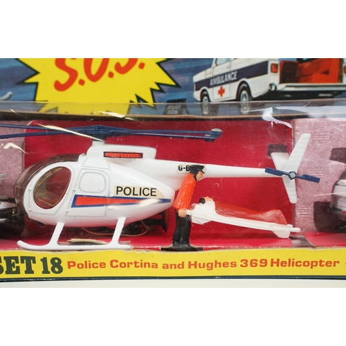 247 - Boxed Corgi GS18 Emergency Services Gift Set complete with Police Cortina and Huughes 369 Helicopter... 