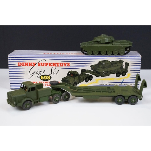 248 - Boxed Dinky Supertoys Gift Set 698 Tank Transporter with Tank, diecast with some marks but vg overal... 