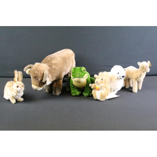 279 - Six Steiff soft toys to include Zicky Goat, Bully, Possy, Aro Seal Pup, Pummy Rabbit & Frog. (All wi... 