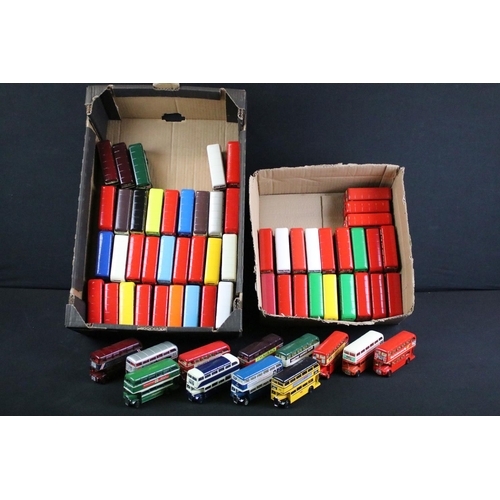 145A - Around 65 Corgi diecast model buses, featuring Routemaster examples, diecast vg. (2 trays)