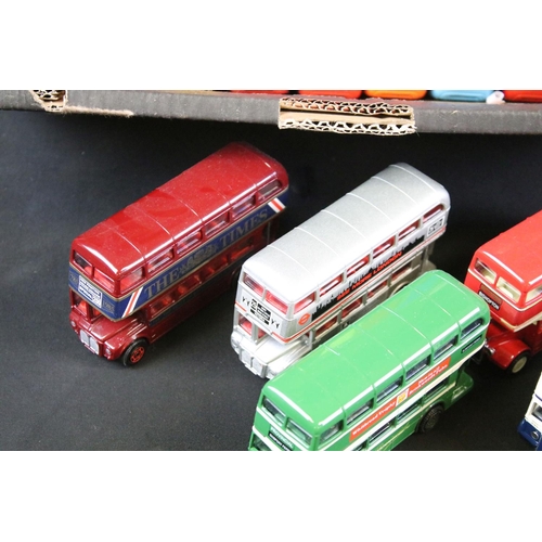 145A - Around 65 Corgi diecast model buses, featuring Routemaster examples, diecast vg. (2 trays)