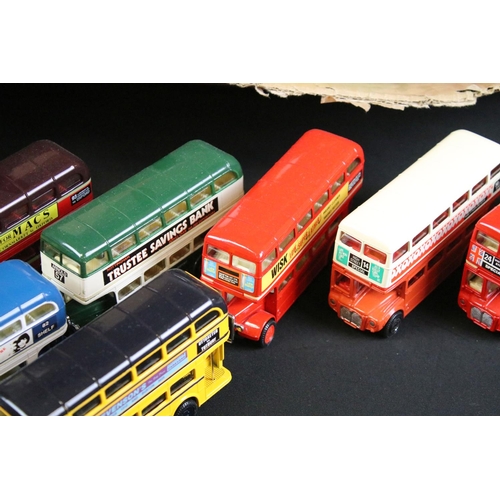 145A - Around 65 Corgi diecast model buses, featuring Routemaster examples, diecast vg. (2 trays)