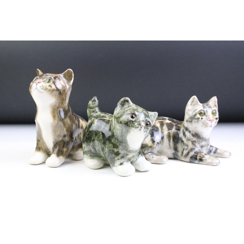 10 - Three Winstanley Pottery cat figures with glass eyes, to include a recumbent tabby cat (size 2), a t... 