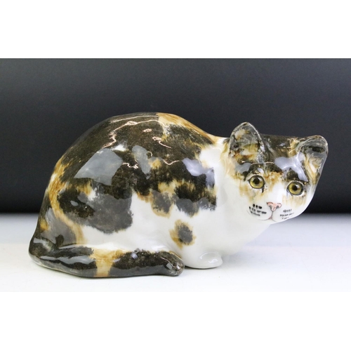 12 - Winstanley Pottery seated tabby cat, size 5, with glass eyes, signed to base, approx 16cm high