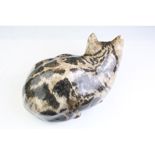 15 - Winstanley Pottery seated tabby cat, size 5, with glass eyes, signed to base, approx 14cm high