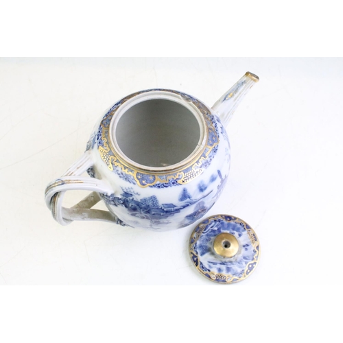 24 - 18th Century Chinese blue & white teapot, decorated in the Willow pattern, with entwined handle and ... 