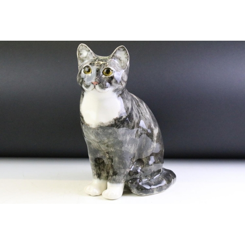 27 - Winstanley Potery Grey Tabby Cat, seated, with glass eyes, size 6, signed to base, approx 29cm high