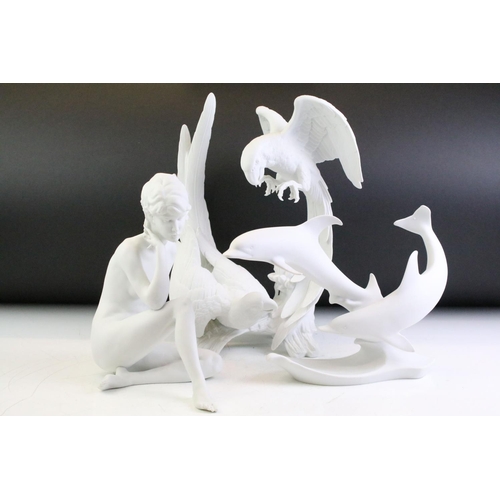 29 - Three Kaiser white bisque porcelain models to include 489 Nude Study of a Woman, 401 Dolphins group ... 