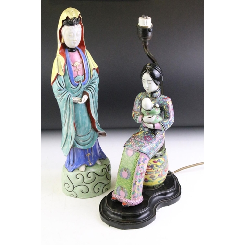 30 - Chinese Famille Jaune table lamp in the form of a mother & baby, with enamel decoration; together wi... 