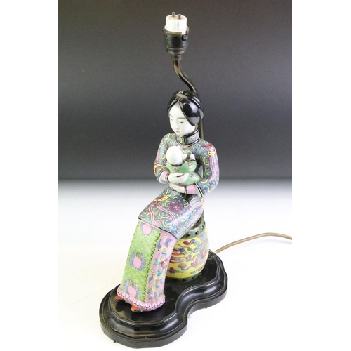 30 - Chinese Famille Jaune table lamp in the form of a mother & baby, with enamel decoration; together wi... 