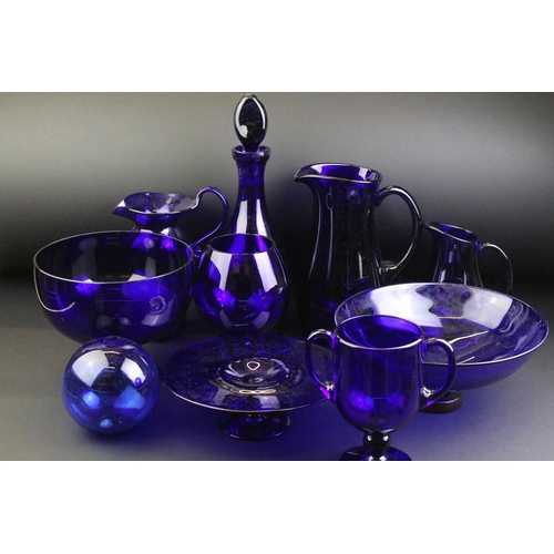 37 - Collection of Bristol Blue glassware, 10 pieces, to include a Robert Marshall footed bowl (22.5cm di... 