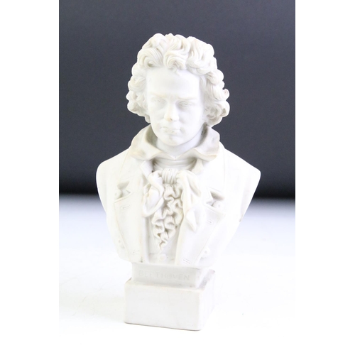 41 - Four ceramic & composition bust figures depicting composers, to include Schubert, Beethoven, Mozart ... 