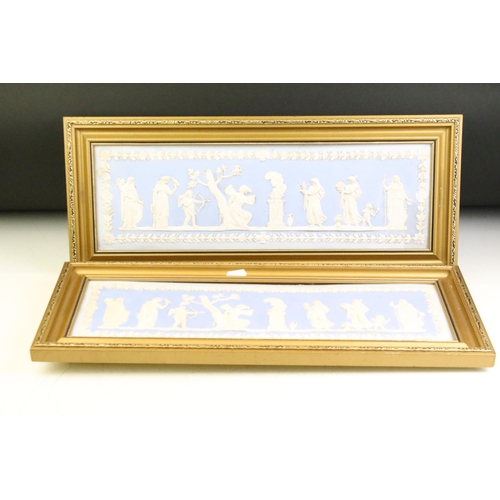 43 - Pair of 19th century dip blue rectangular wall plaques, in the manner of Wedgwood, depicting classic... 