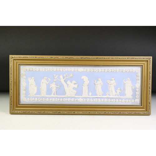 43 - Pair of 19th century dip blue rectangular wall plaques, in the manner of Wedgwood, depicting classic... 