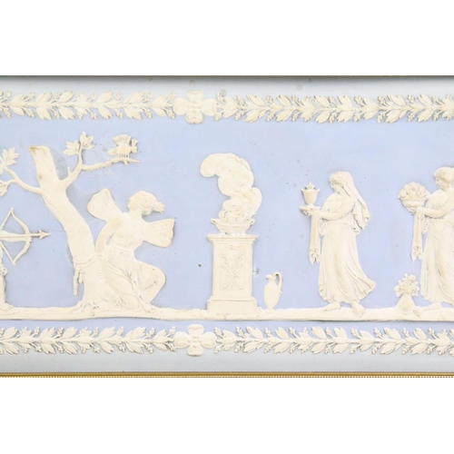 43 - Pair of 19th century dip blue rectangular wall plaques, in the manner of Wedgwood, depicting classic... 