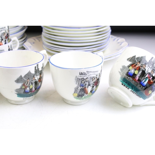 47 - Staffordshire Pottery ' Welsh Costumes ' transfer printed tea set for 12, to include 12 teacups & sa... 