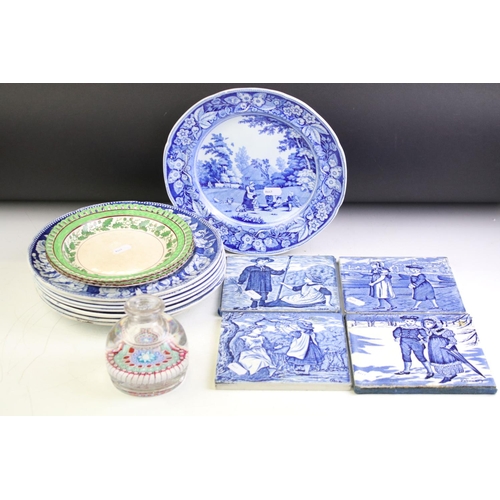 54 - Eight 19th century blue & white plates (featuring Spode Turner & The Benevolent Cottagers), together... 