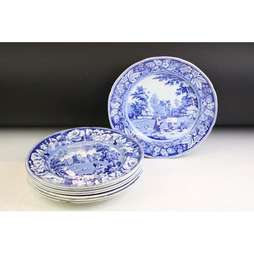 54 - Eight 19th century blue & white plates (featuring Spode Turner & The Benevolent Cottagers), together... 