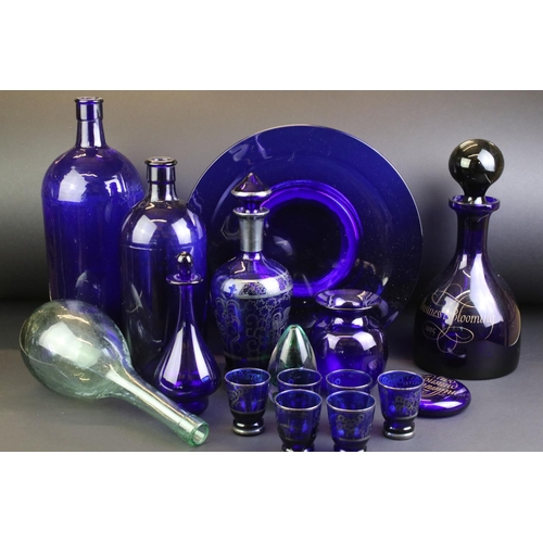 63 - Group of cobalt blue glassware to include Bristol examples (decanter & stopper, vase and paperweight... 