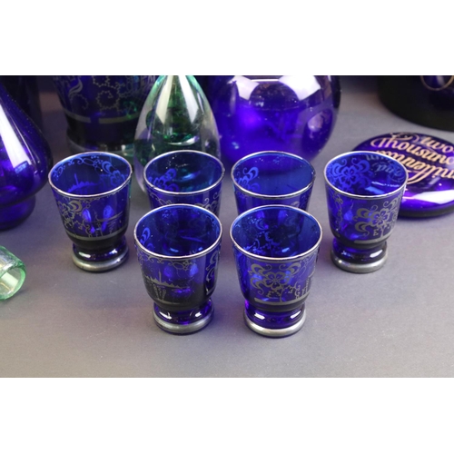 63 - Group of cobalt blue glassware to include Bristol examples (decanter & stopper, vase and paperweight... 