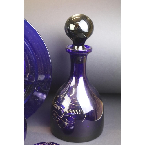 63 - Group of cobalt blue glassware to include Bristol examples (decanter & stopper, vase and paperweight... 