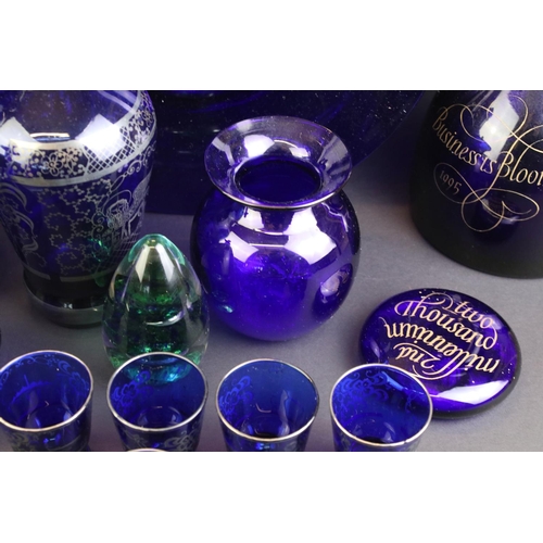 63 - Group of cobalt blue glassware to include Bristol examples (decanter & stopper, vase and paperweight... 