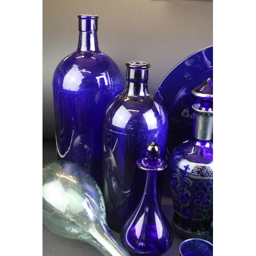 63 - Group of cobalt blue glassware to include Bristol examples (decanter & stopper, vase and paperweight... 