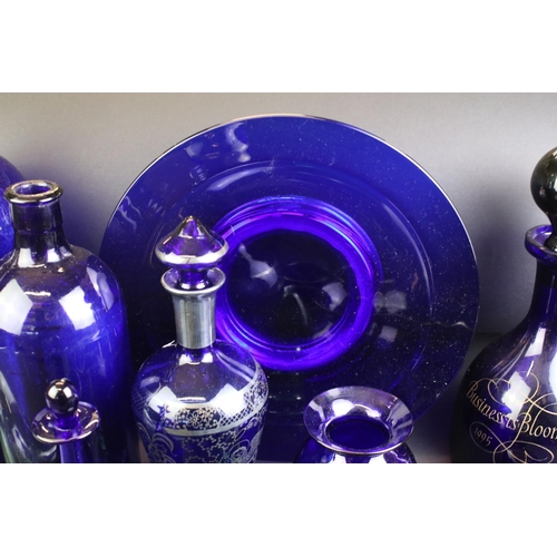 63 - Group of cobalt blue glassware to include Bristol examples (decanter & stopper, vase and paperweight... 