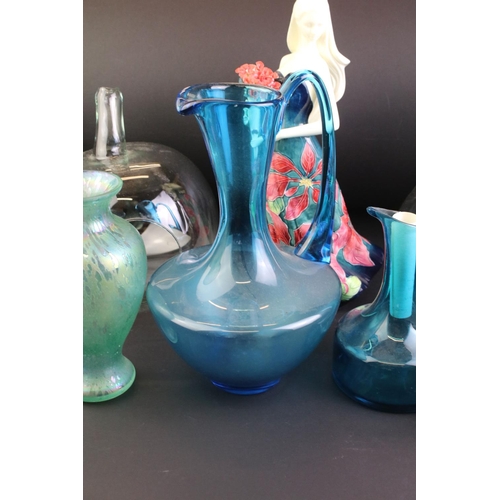 64 - Mixed glass & ceramics to include a Whitefriars Kingfisher blue jug (17cm tall), a larger blue studi... 