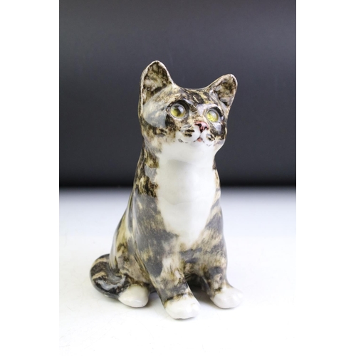 66 - Two Winstanley Pottery seated tabby cat figures, size 3 and 4, with glass eyes, signed to bases, tal... 