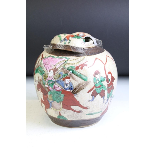 76 - Chinese Famille Rose crackle glazed ginger jar enamel decorated with a warrior scene, character mark... 