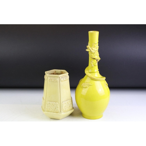 85 - Chinese famille jaune dragon bottle vase with raised detailing (a/f) together with a hexagonal vase ... 