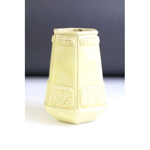 85 - Chinese famille jaune dragon bottle vase with raised detailing (a/f) together with a hexagonal vase ... 