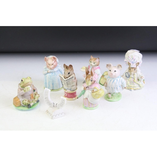 91 - Seven Early Beswick Beatrix Potter Figures with Gold oval back stamps including Ribby, Jeremy Fisher... 