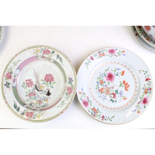 92 - Collection of eight Chinese plates & dishes, to include 5 x Famille Rose examples with enamelled flo... 