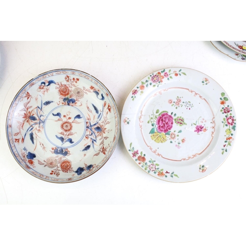 92 - Collection of eight Chinese plates & dishes, to include 5 x Famille Rose examples with enamelled flo... 