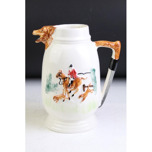 93 - PPC Hunting Scene porcelain tea ware with moulded decoration, to include teapot, water jug and 2 x m... 