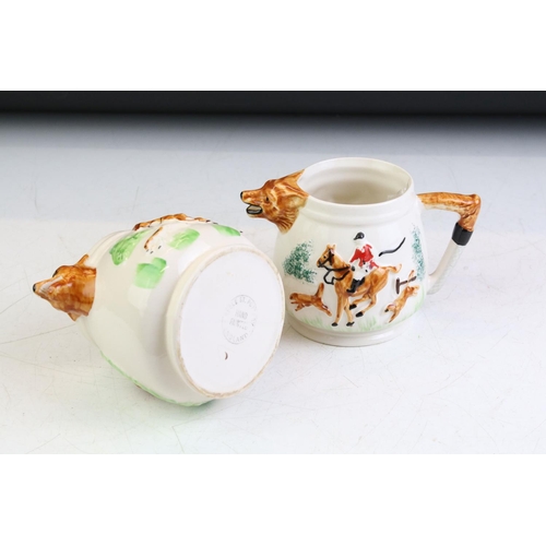 93 - PPC Hunting Scene porcelain tea ware with moulded decoration, to include teapot, water jug and 2 x m... 