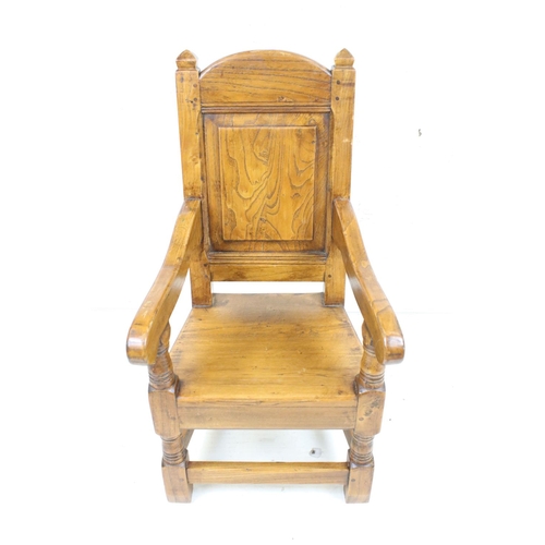 600 - Child's Elm ' Throne ' style Elbow Chair, 74cm high x 38cm wide x 36cm deep