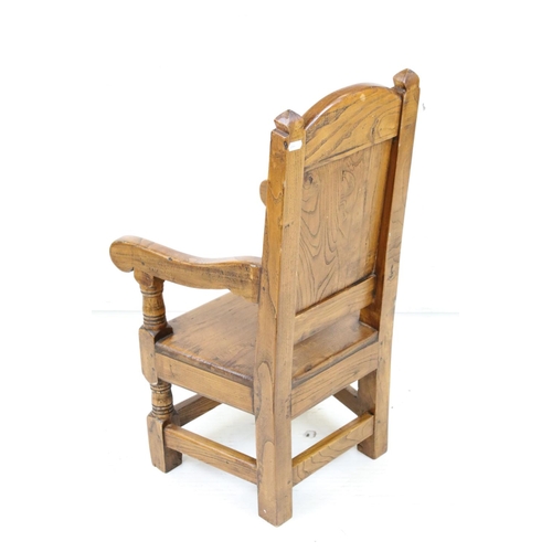 600 - Child's Elm ' Throne ' style Elbow Chair, 74cm high x 38cm wide x 36cm deep