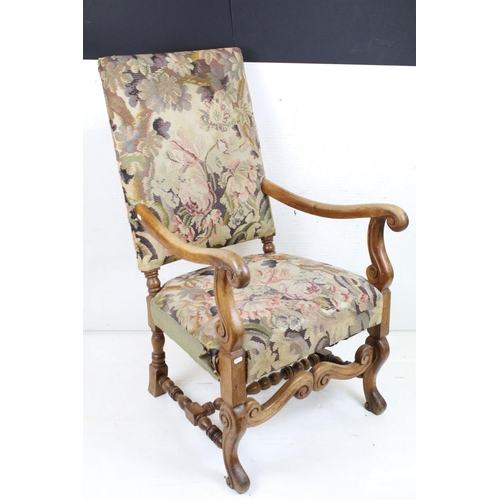 601 - 19th century Open Armchair with needlework upholstered back and seat, scrolling carved arms, legs an... 