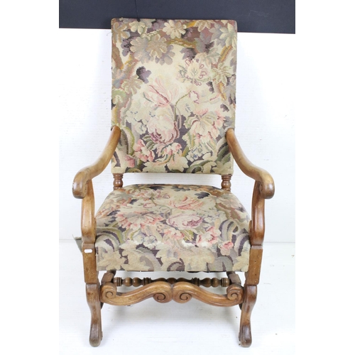 601 - 19th century Open Armchair with needlework upholstered back and seat, scrolling carved arms, legs an... 